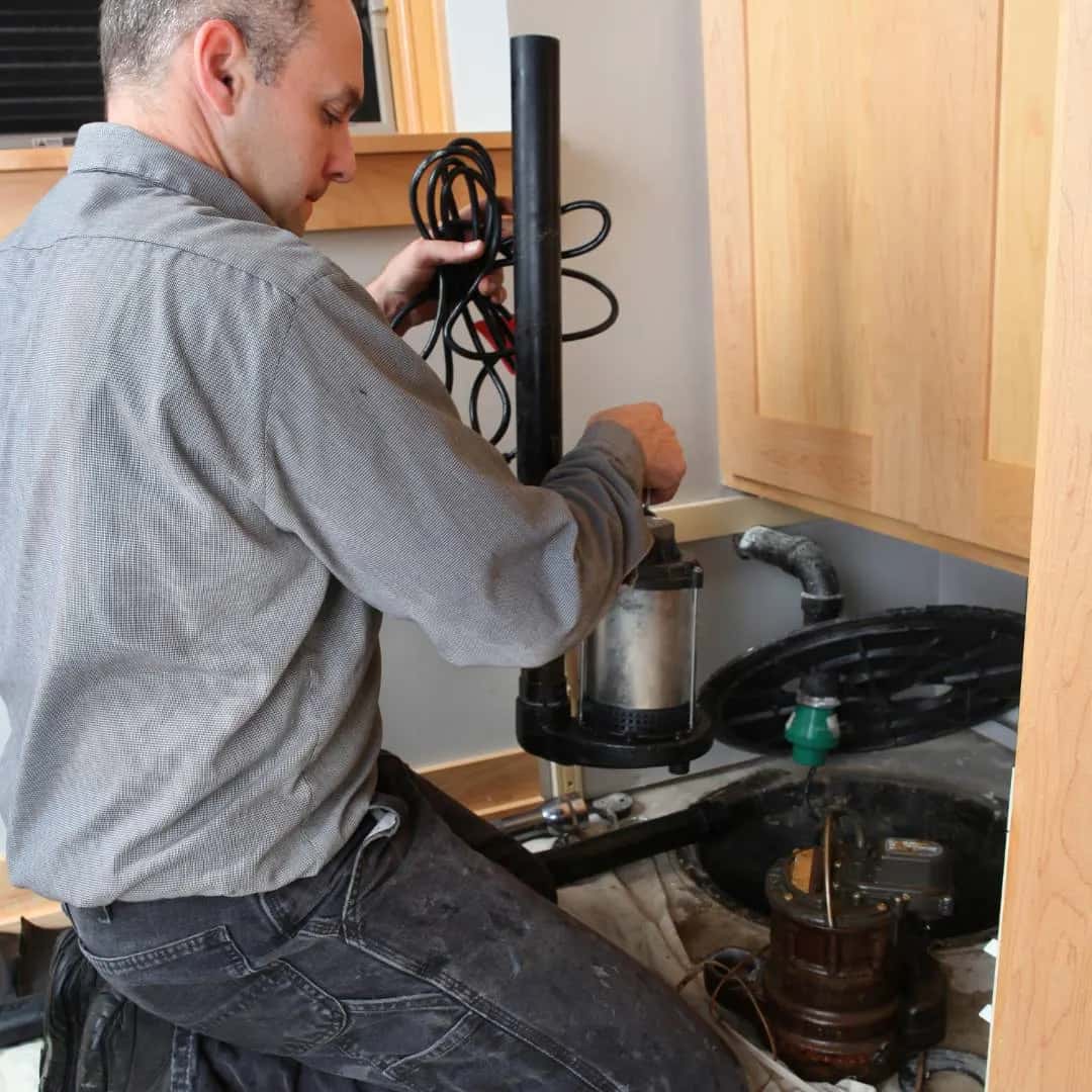 Fontanero sacando una bomba de achique sumergible de un pozo de bombeo abierto en el suelo